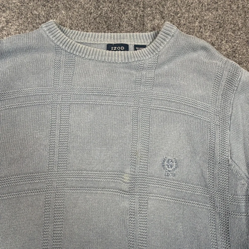 VTG Izod Mens Size Large‎ LT Light Blue Cotton Windowpane Grid Crewneck Sweater
